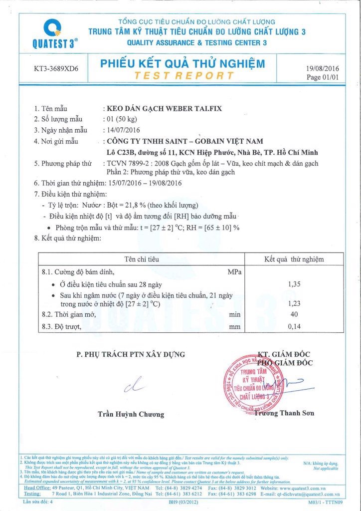 Keo dán gạch Weber Tai Fix trắng với độ bám dính GẤP 2 LẦN